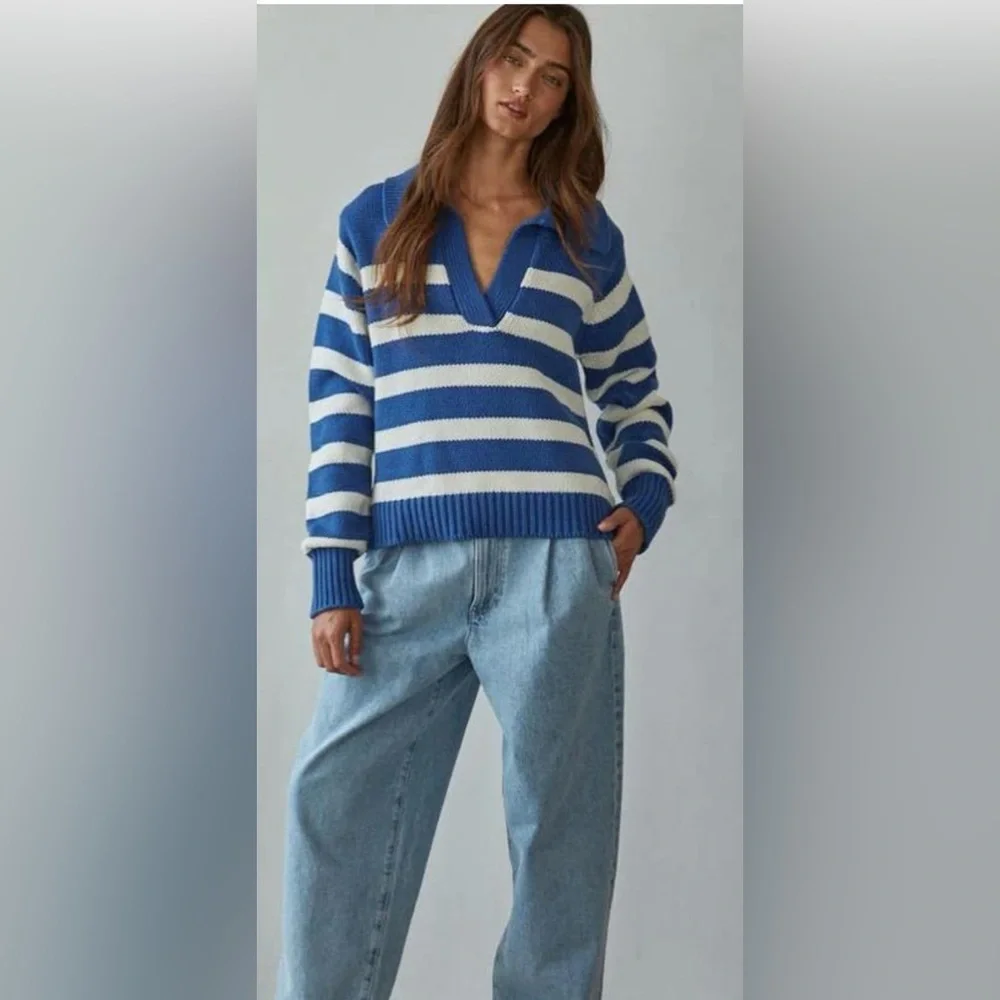 Olive & Bette’s Road G - Hayley Stripe Pullover | Blue/Cream | size M - Picture 1 of 9